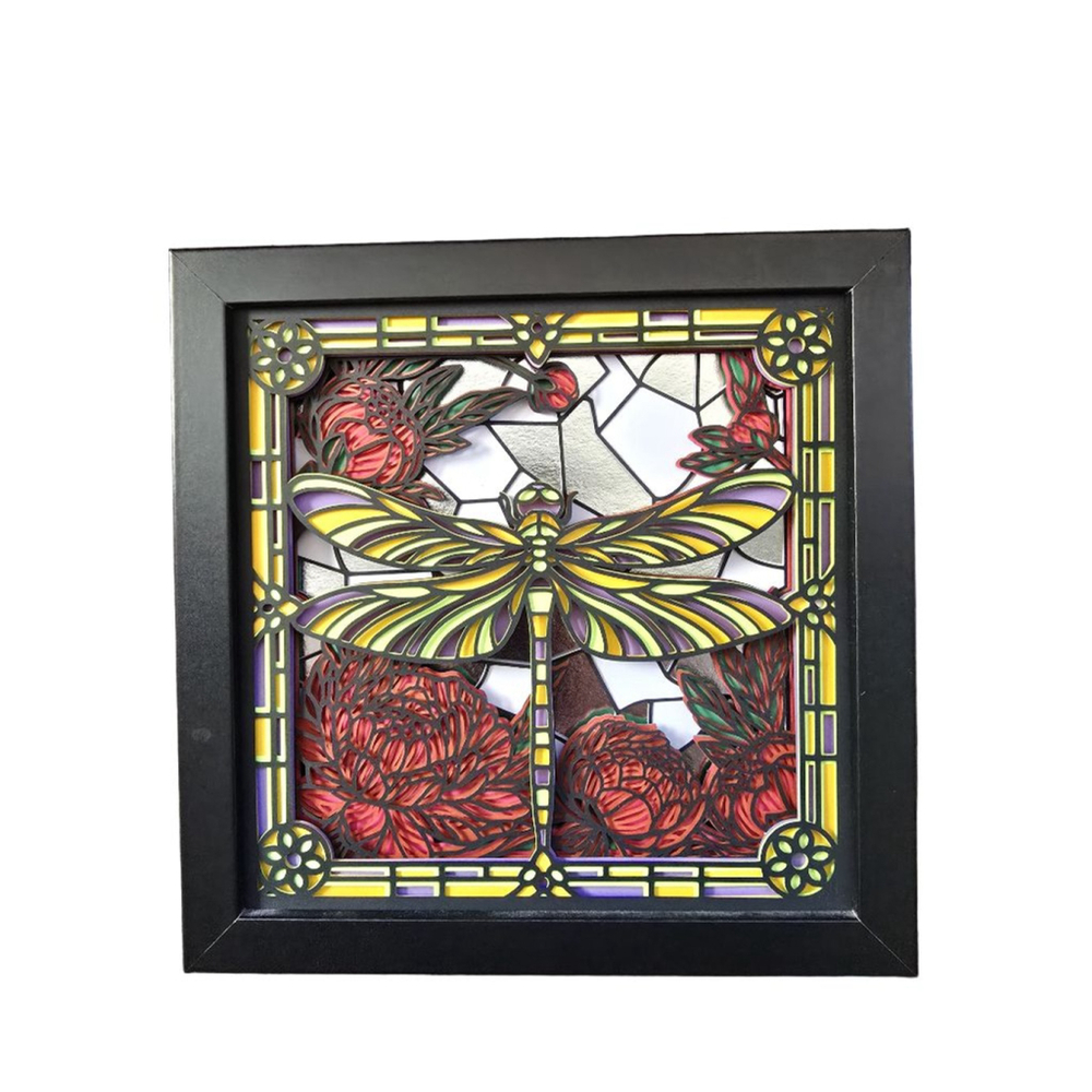 Mixed Media 3D Paper Art Dragonfly & Flowers Red Yellow Size 8x8
